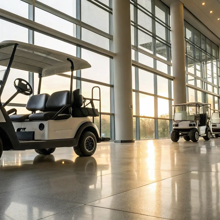 Used Club Car golf carts for sale in a dealer showroom.