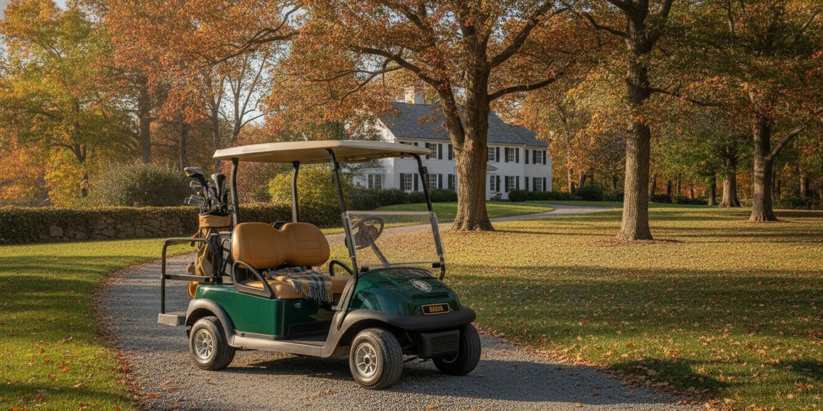 A pre-owned golf cart parked on a leafy New England path