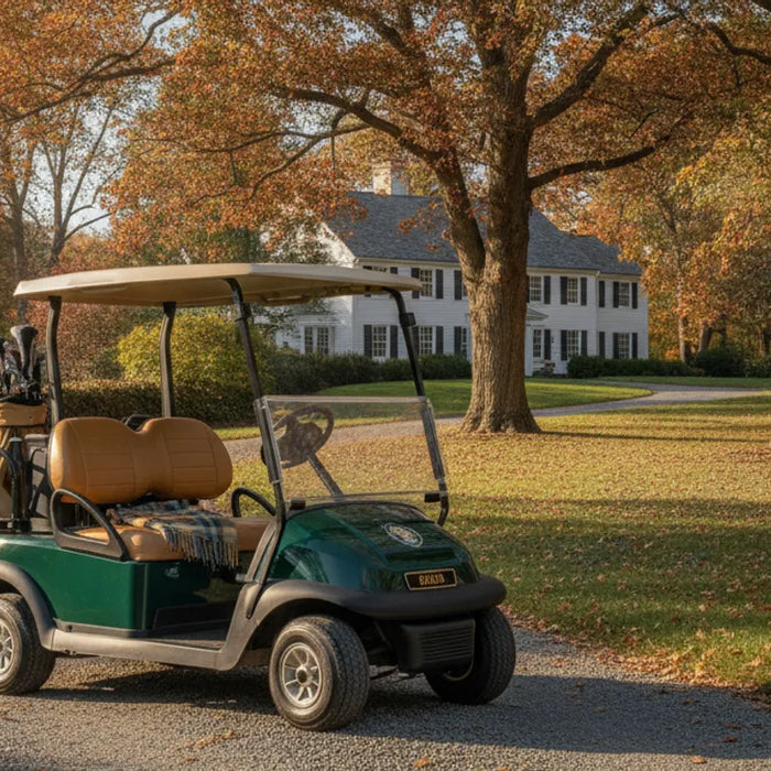 A pre-owned golf cart parked on a leafy New England path
