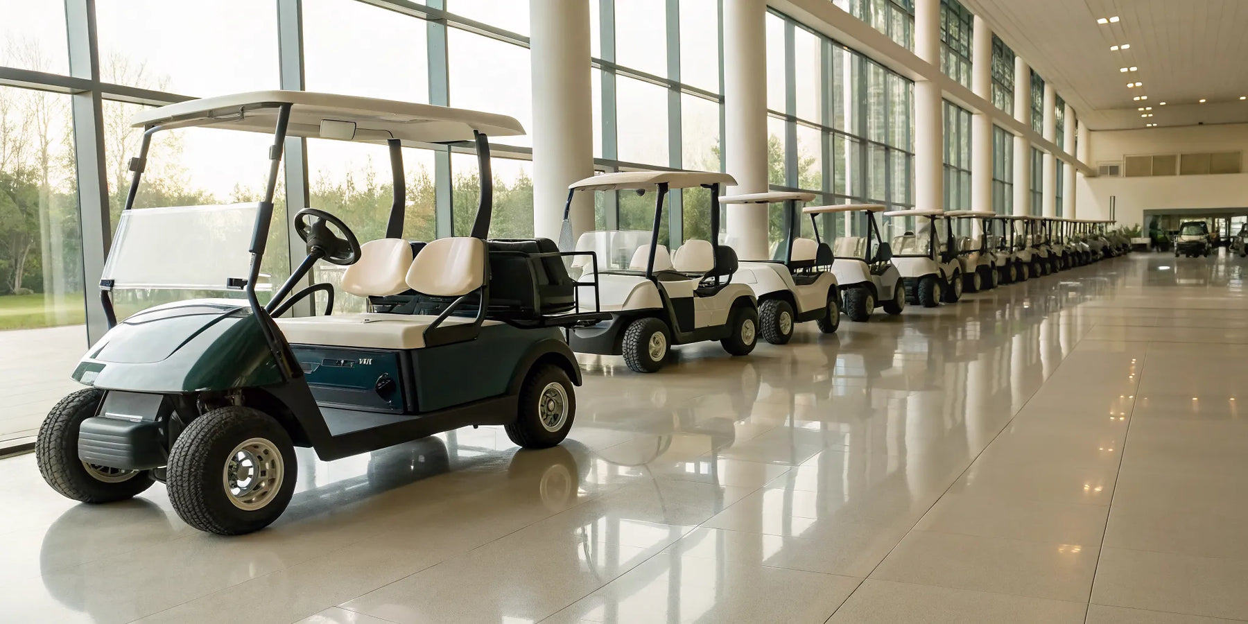 Used golf carts for sale under $5000 lined up in a showroom.