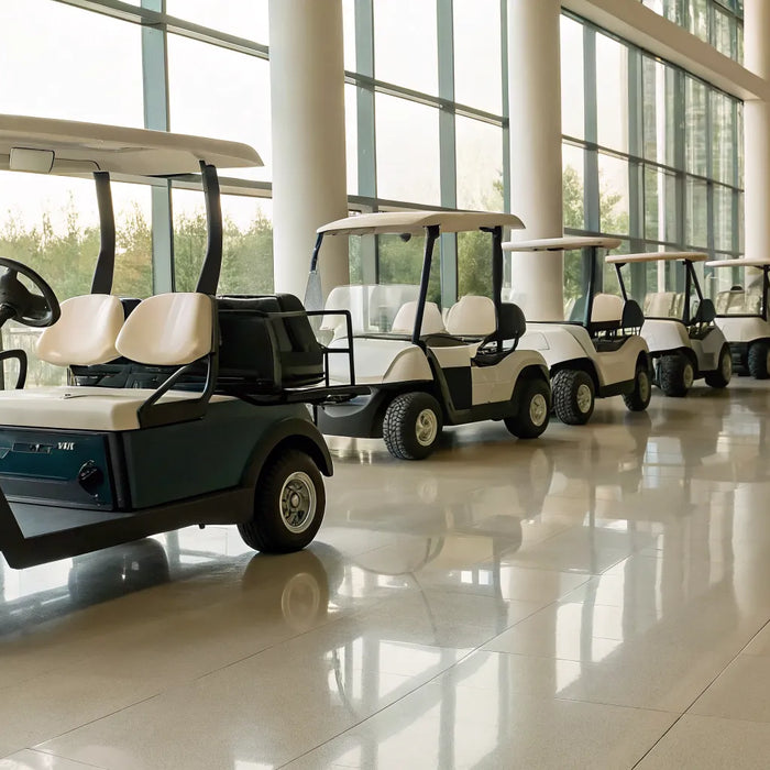 Used golf carts for sale under $5000 lined up in a showroom.