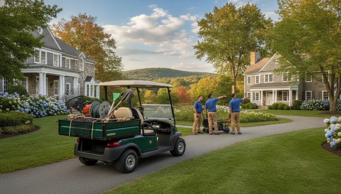 Utility golf cart carrying landscaping tools at a managed property
