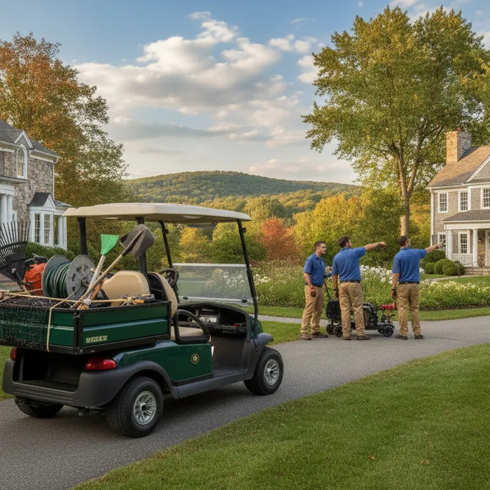 Utility golf cart carrying landscaping tools at a managed property
