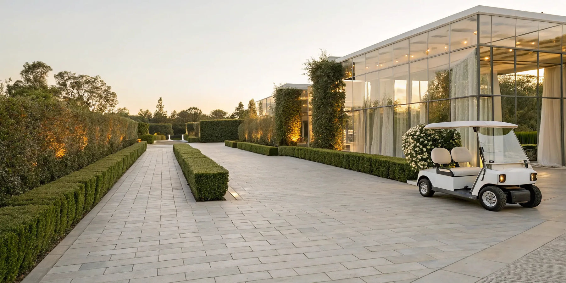 Wedding golf cart rental parked at an elegant outdoor venue.