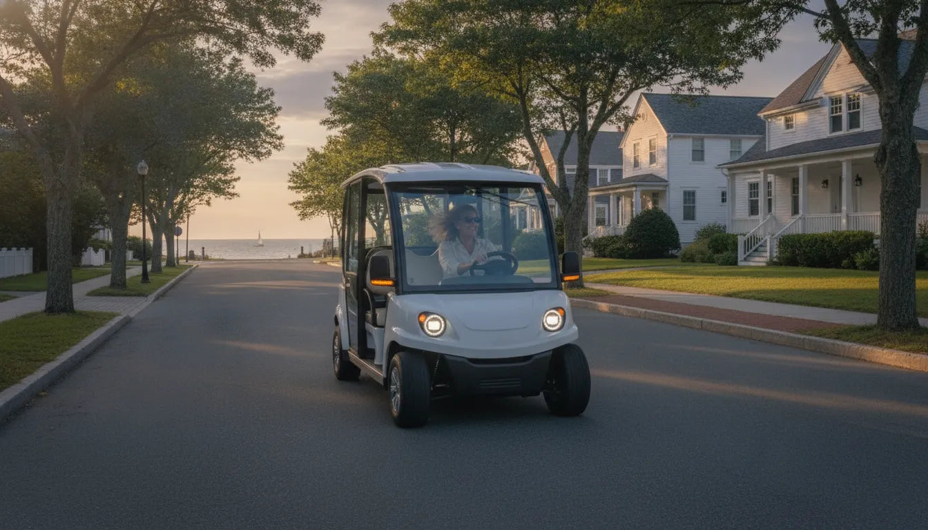 Street-legal low-speed vehicle with headlights and turn signals cruising a New England coastal street