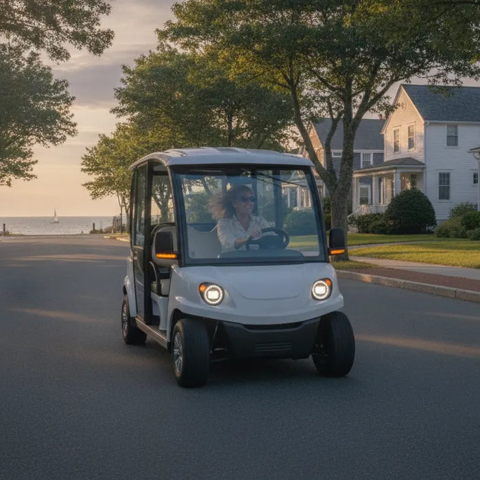 Street-legal low-speed vehicle with headlights and turn signals cruising a New England coastal street