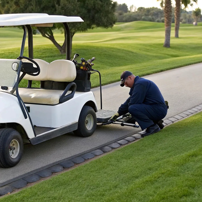Mobile golf cart repair technician servicing a white golf cart on a golf course path.