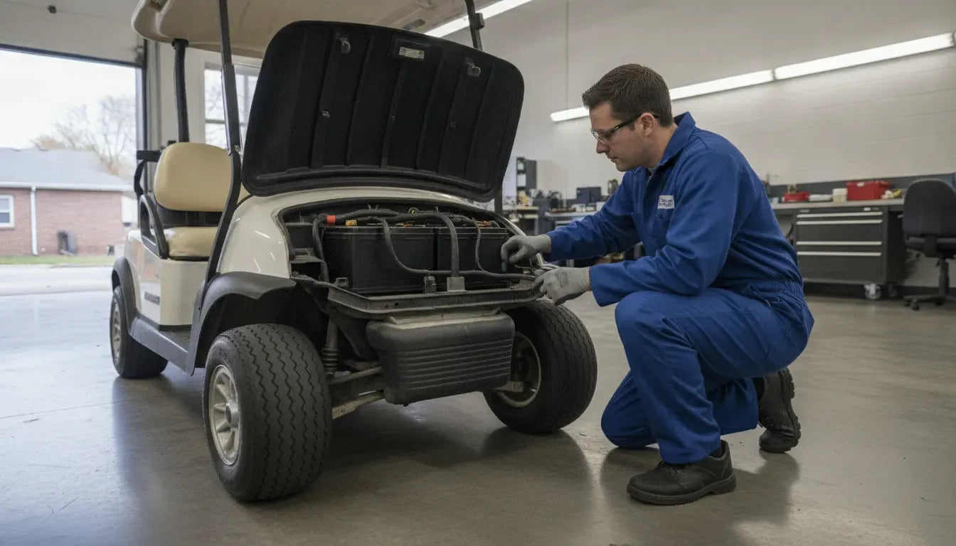 Technician inspecting a used golf cart before a Connecticut purchase