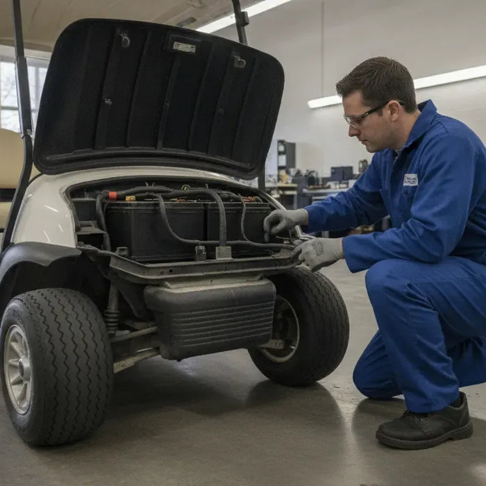 Technician inspecting a used golf cart before a Connecticut purchase