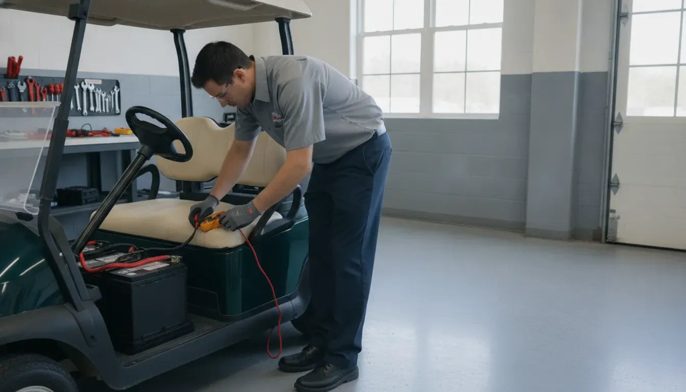 Technician inspecting golf cart batteries in a New England service center