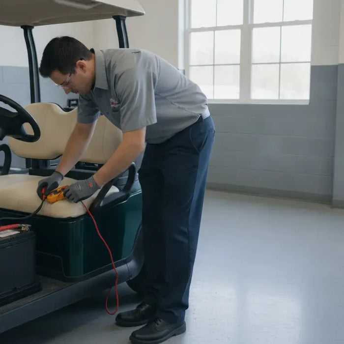 Technician inspecting golf cart batteries in a New England service center