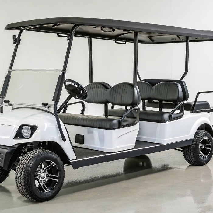 White used 6 seater gas golf cart for sale with black seats and off-road tires.