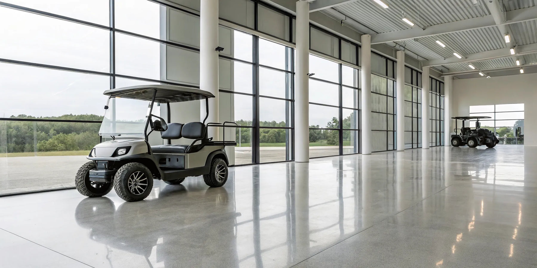 A showroom display of custom electric golf carts for sale.