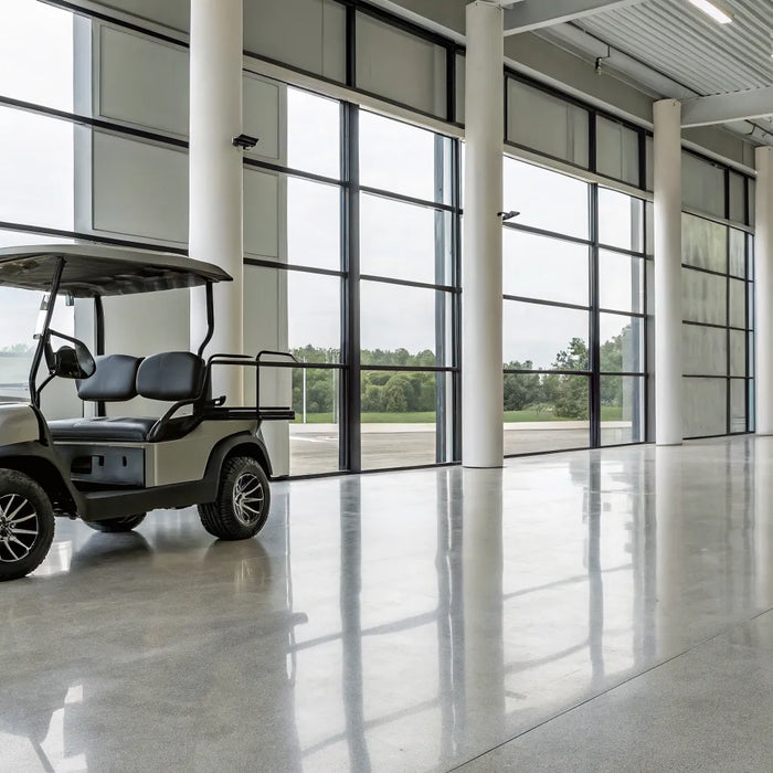 A showroom display of custom electric golf carts for sale.