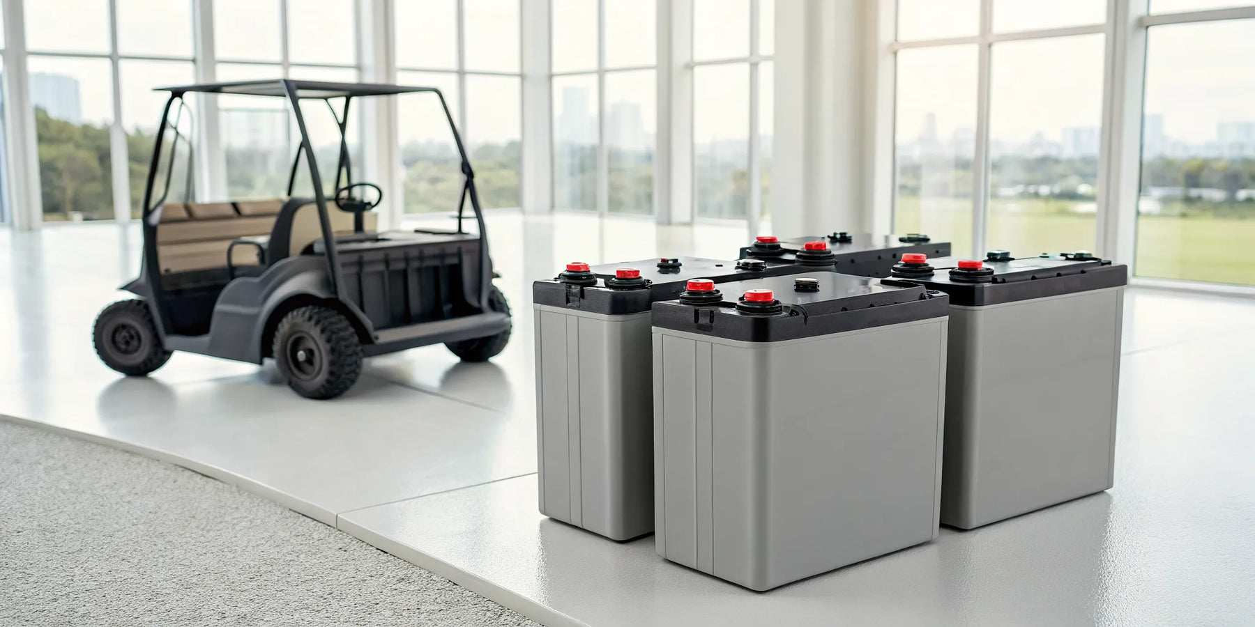 A selection of 12 volt golf cart batteries on display.