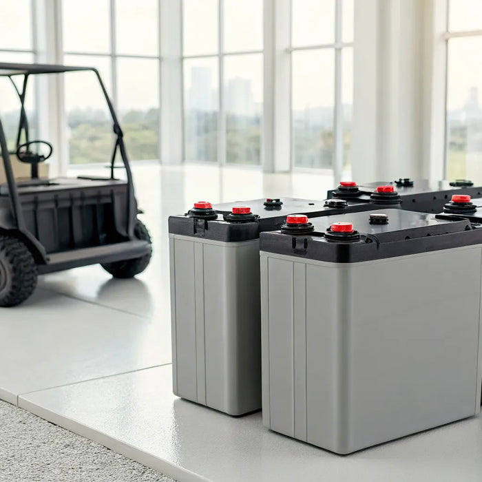 A selection of 12 volt golf cart batteries on display.