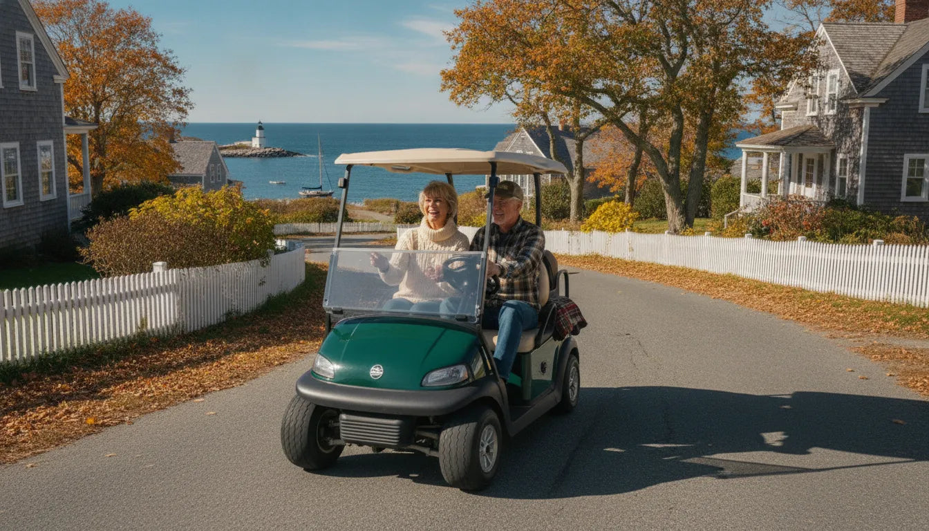 Active retirement couple driving a street-legal golf cart along a scenic New England coastal road in autumn