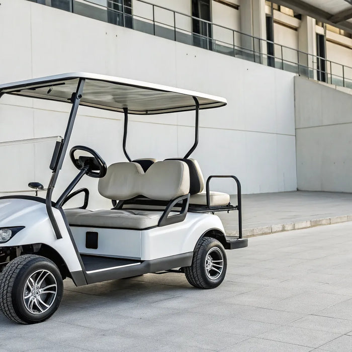 A modern four-seater electric golf cart.